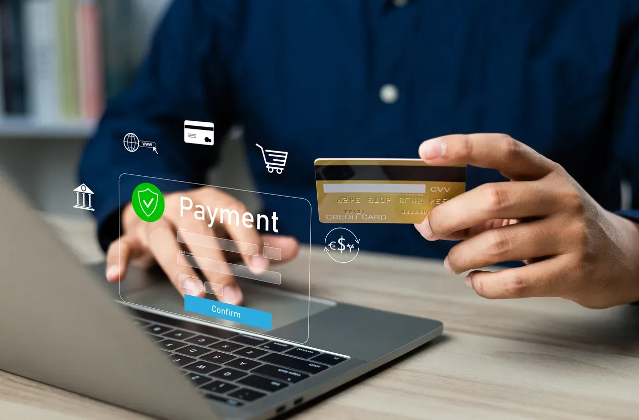 Online payment form and card used to illustrate a betting deposit