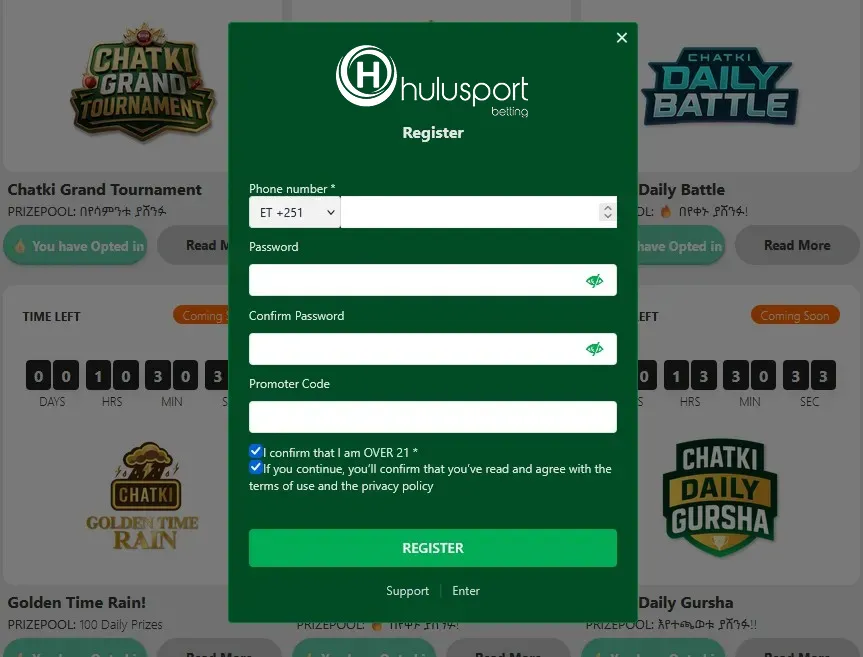 Hulusport registration screen with phone number and password fields